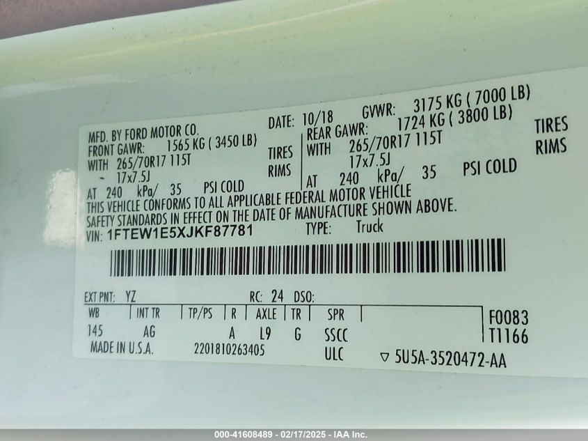 2018 Ford F-150 Xl VIN: 1FTEW1E5XJKF87781 Lot: 41608489