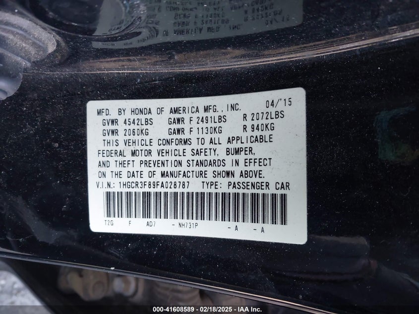 2015 HONDA ACCORD VIN: 1HGCR3F89FA028787