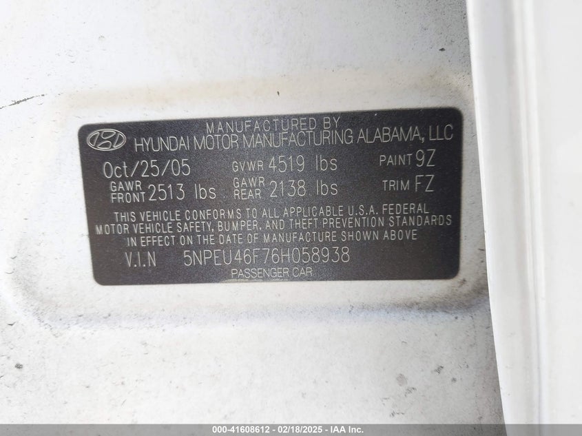 2006 HYUNDAI SONATA VIN: 5NPEU46F76H058938