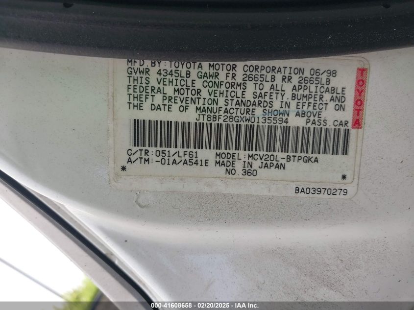 1998 Lexus Es 300 VIN: JT8BF28GXW0135594 Lot: 41608658