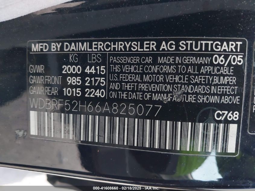2006 Mercedes-Benz C 230 Sport VIN: WDBRF52H66A825077 Lot: 41608660