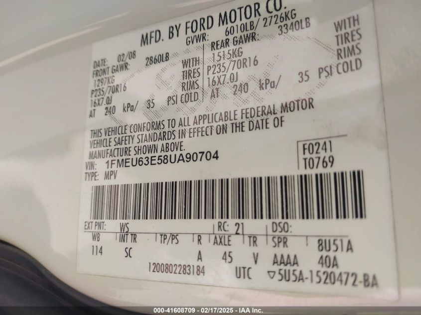 2008 Ford Explorer Xlt VIN: 1FMEU63E58UA90704 Lot: 41608709