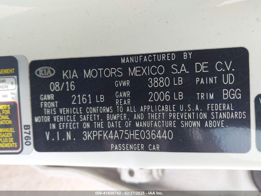 2017 Kia Forte Lx VIN: 3KPFK4A75HE036440 Lot: 41608742