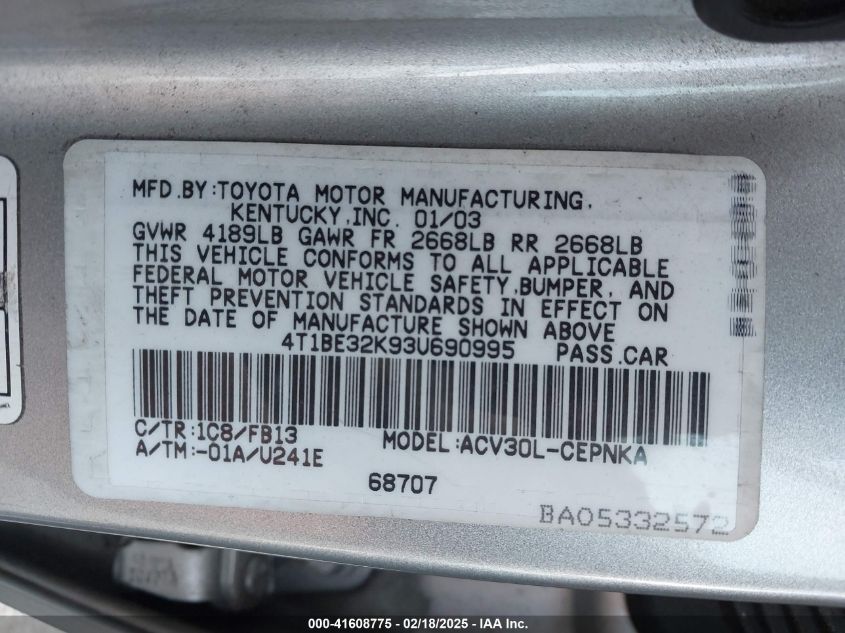 2003 Toyota Camry Le VIN: 4T1BE32K93U690995 Lot: 41608775