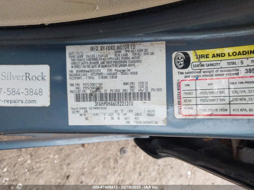 2012 Ford Fusion Se VIN: 3FAHP0HA6CR22127 Lot: 41608813