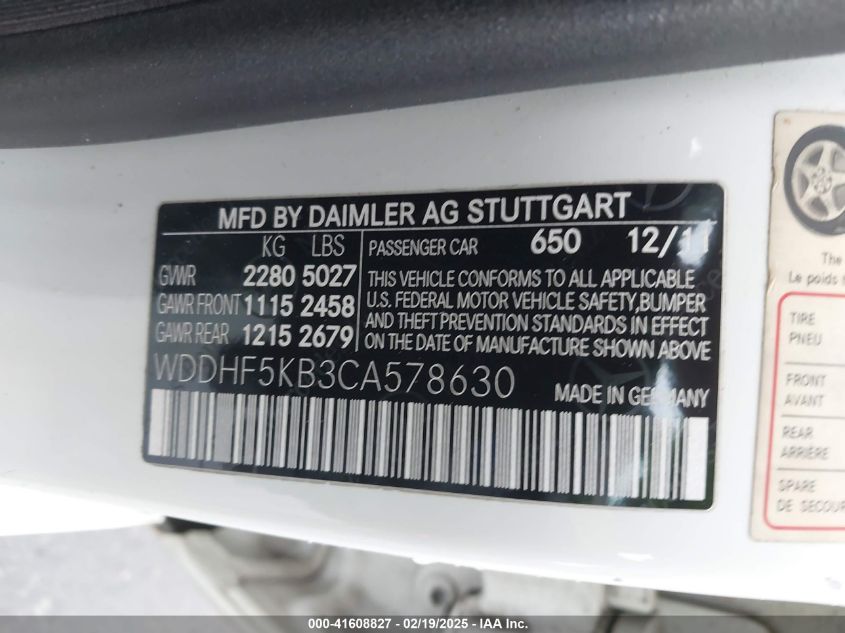 2012 Mercedes-Benz E 350 VIN: WDDHF5KB3CA578630 Lot: 41608827