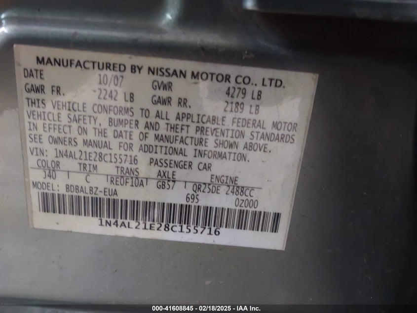 2008 NISSAN ALTIMA VIN: 1N4AL21E28C155716
