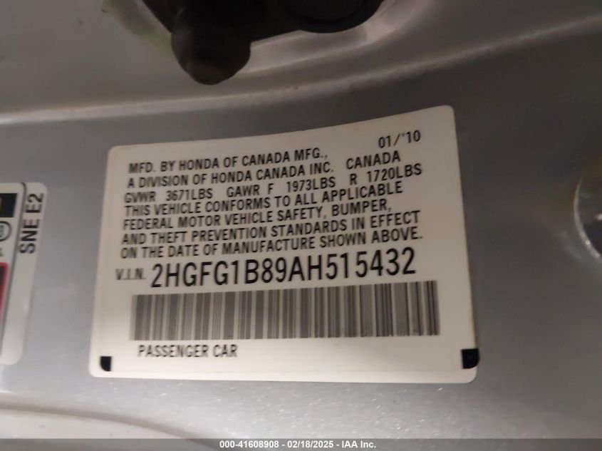 2010 Honda Civic Ex VIN: 2HGFG1B89AH515432 Lot: 41608908