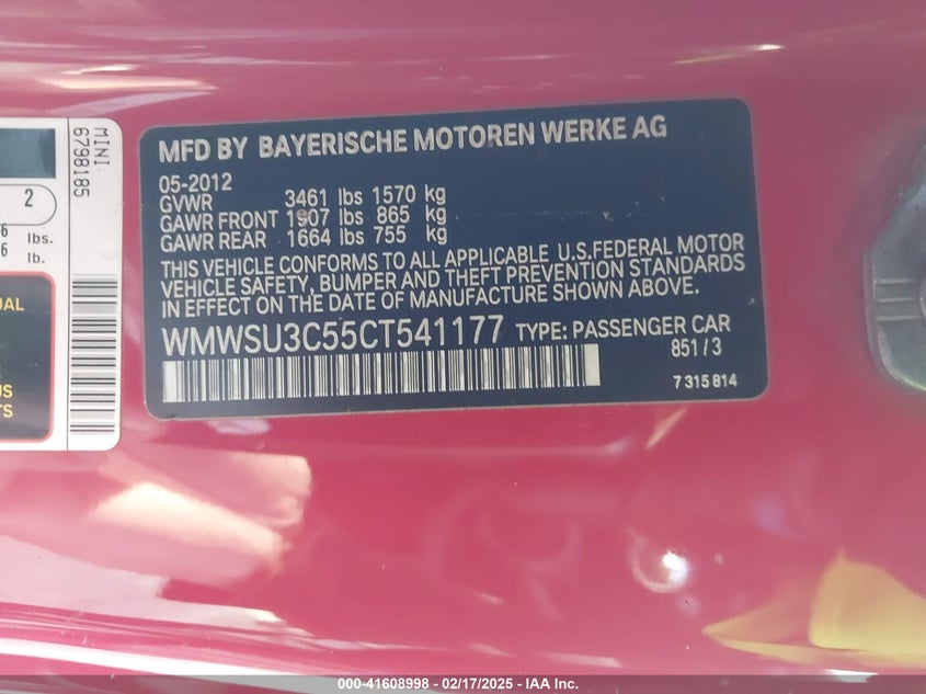 2012 MINI COOPER VIN: WMWSU3C55CT541177