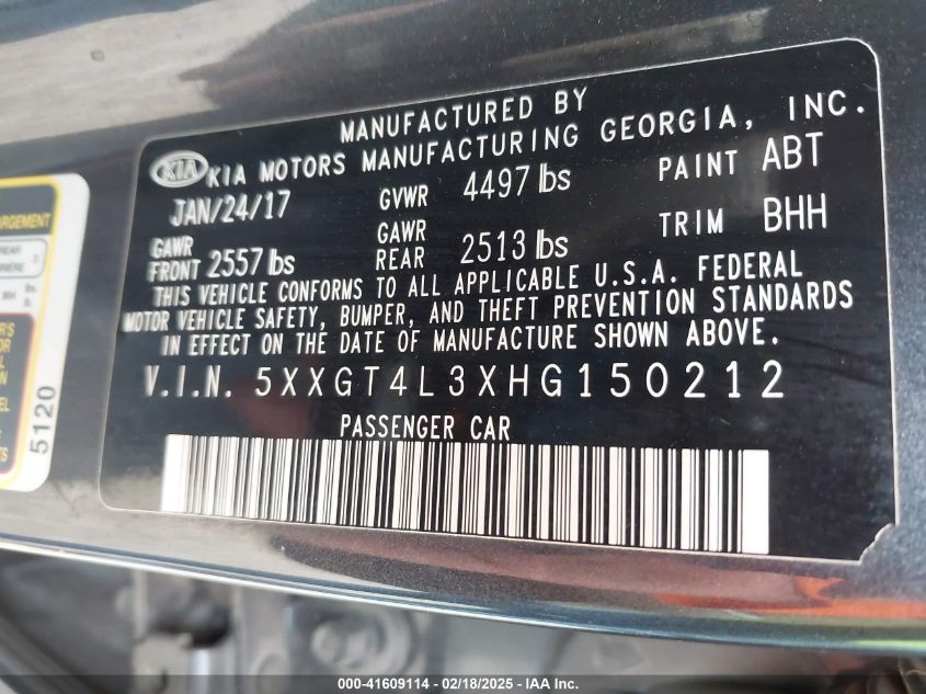 2017 Kia Optima Lx VIN: 5XXGT4L3XHG150212 Lot: 41609114
