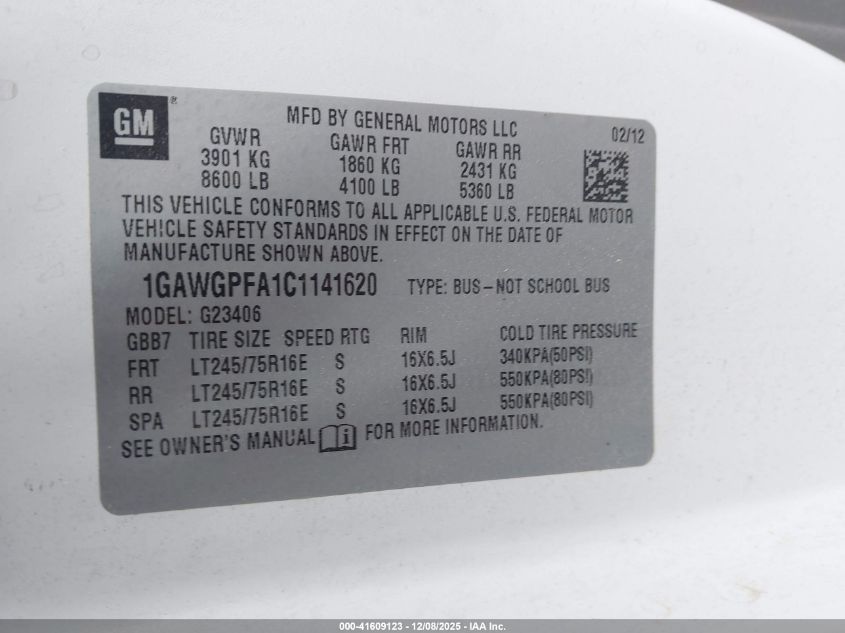 2012 Chevrolet Express 2500 Ls VIN: 1GAWGPFA1C1141620 Lot: 41609123