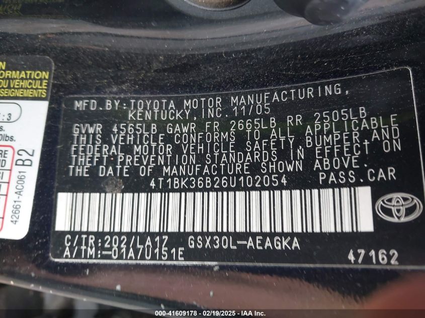 2006 Toyota Avalon Xls VIN: 4T1BK36B26U102054 Lot: 41609178