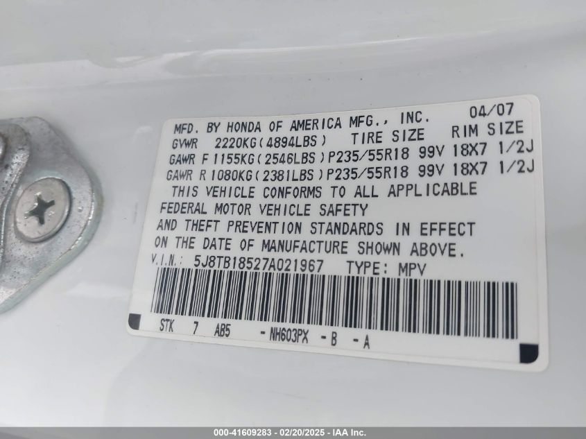 2007 Acura Rdx VIN: 5J8TB18527A021967 Lot: 41609283