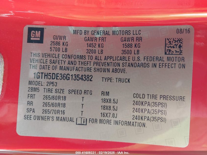 2016 GMC Canyon Slt VIN: 1GTH5DE36G1354382 Lot: 41609331