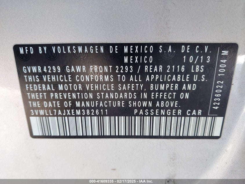 2014 VOLKSWAGEN JETTA VIN: 3VWLL7AJXEM382611