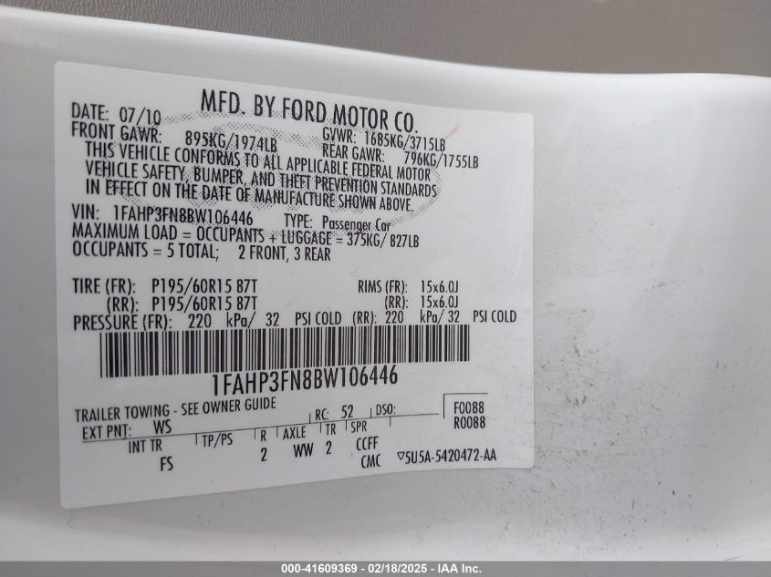 2011 Ford Focus Se VIN: 1FAHP3FN8BW106446 Lot: 41609369