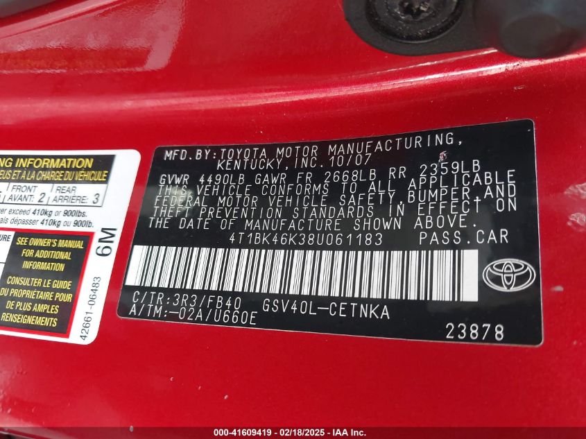 2008 Toyota Camry Le V6 VIN: 4T1BK46K38U061183 Lot: 41609419