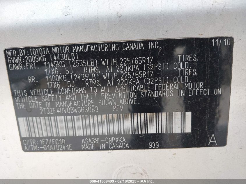 2011 Toyota Rav4 VIN: 2T3ZF4DV0BW063083 Lot: 41609499