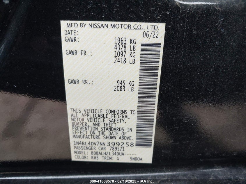 2022 NISSAN ALTIMA VIN: 1N4BL4DV7NN399258