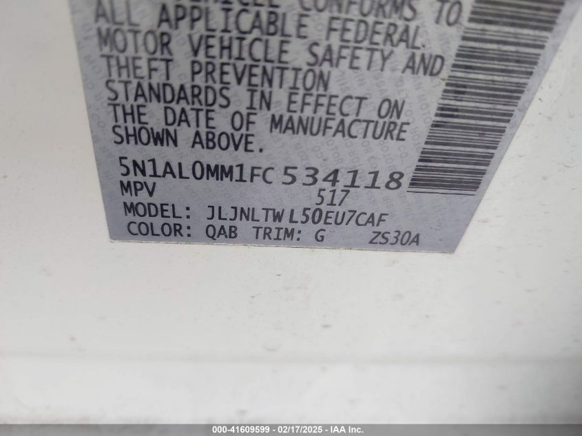 2015 Infiniti Qx60 VIN: 5N1AL0MM1FC534118 Lot: 41609599