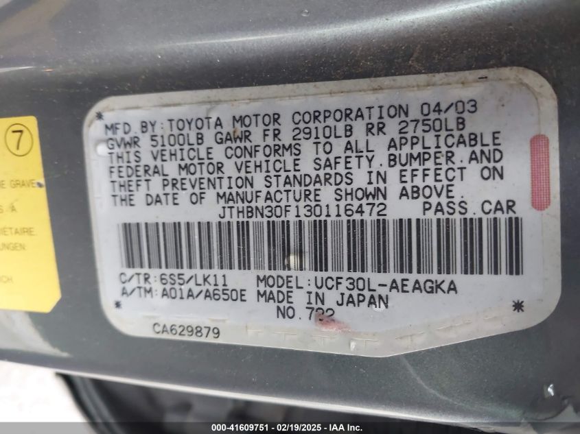 2003 Lexus Ls 430 VIN: JTHBN30F130116472 Lot: 41609751