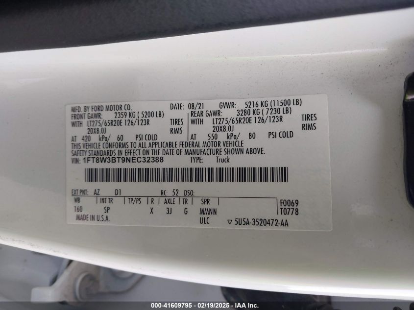 2022 Ford F350 Super Duty VIN: 1FT8W3BT9NEC32388 Lot: 41609795