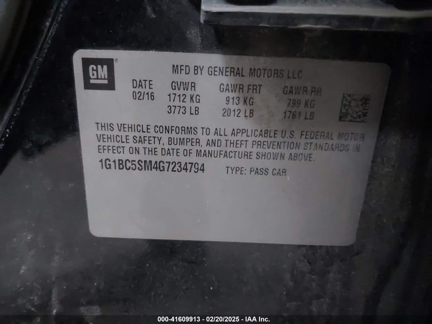 2016 CHEVROLET CRUZE VIN: 1G1BC5SM4G7234794