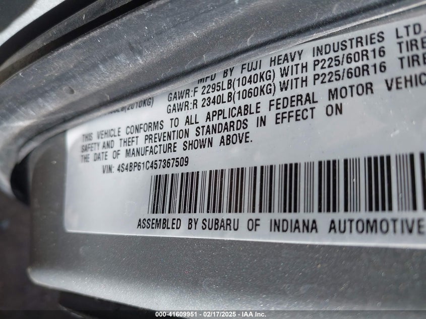 2005 Subaru Outback 2.5I VIN: 4S4BP61C457367509 Lot: 41609951