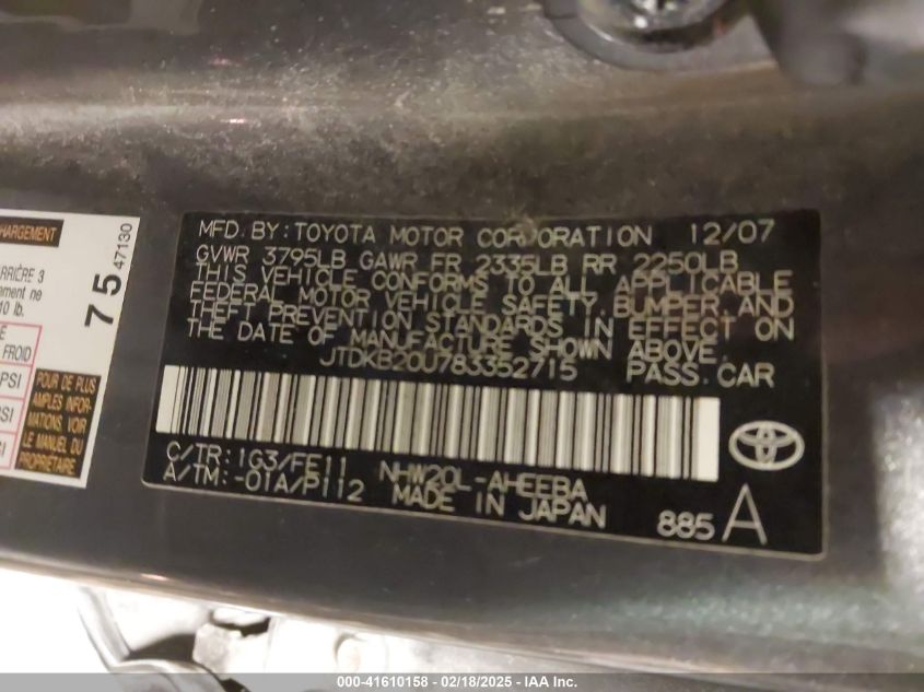 2008 Toyota Prius VIN: JTDKB20U783352715 Lot: 41610158