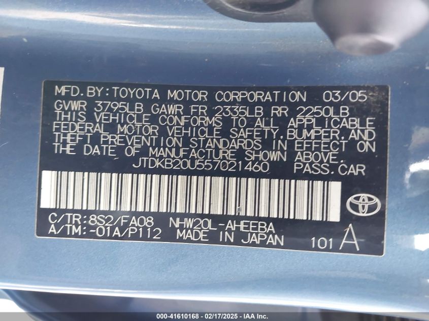 2005 Toyota Prius VIN: JTDKB20U557021460 Lot: 41610168