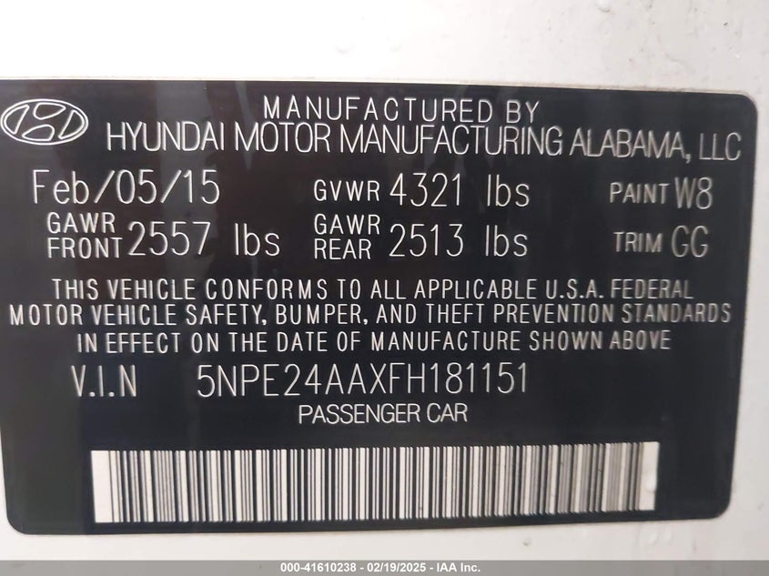 2015 HYUNDAI SONATA VIN: 5NPE24AAXFH181151