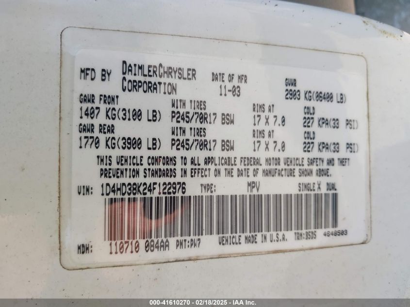 2004 Dodge Durango St VIN: 1D4HD38K24F122976 Lot: 41610270