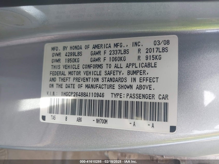 2008 HONDA ACCORD VIN: 1HGCP26488A110946