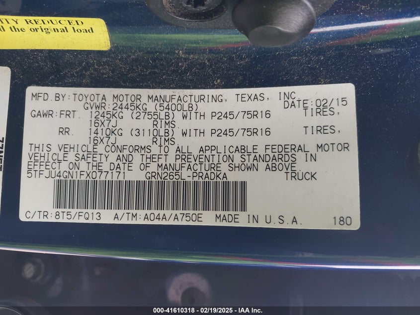 2015 TOYOTA TACOMA VIN: 5TFJU4GN1FX077171