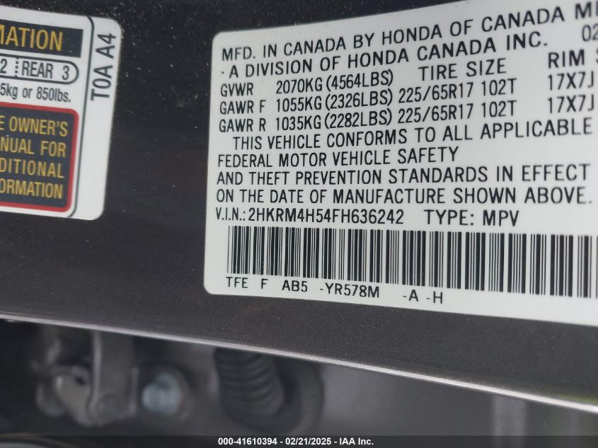 2015 Honda Cr-V Ex VIN: 2HKRM4H54FH636242 Lot: 41610394