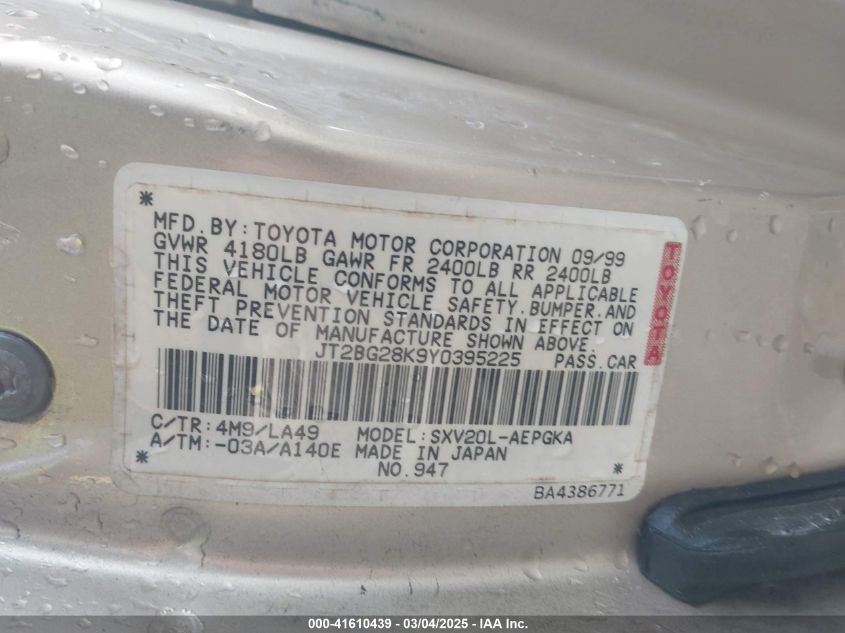 2000 Toyota Camry Xle VIN: JT2BG28K9Y0395225 Lot: 41610439