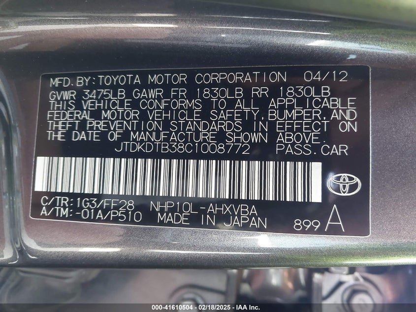 2012 TOYOTA PRIUS C VIN: JTDKDTB38C1008772