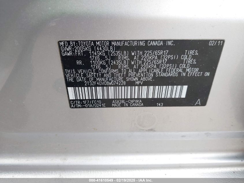 2011 Toyota Rav4 VIN: 2T3ZF4DV0BW074228 Lot: 41610549