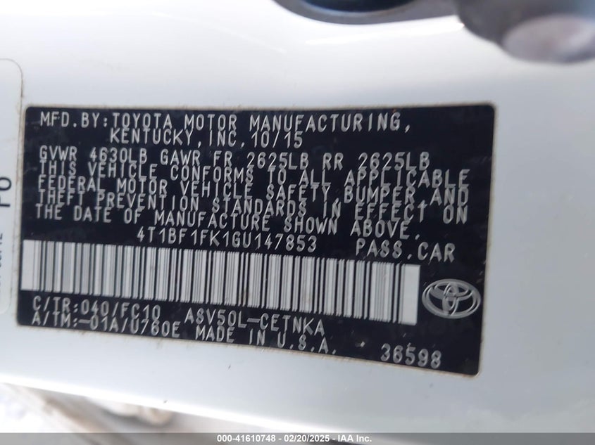 2016 TOYOTA CAMRY VIN: 4T1BF1FK1GU147853