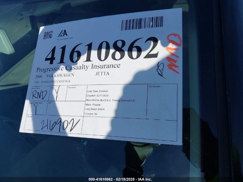 2000 Volkswagen Jetta Gls VIN: 3VWSA29M3YM047424 Lot: 41610862