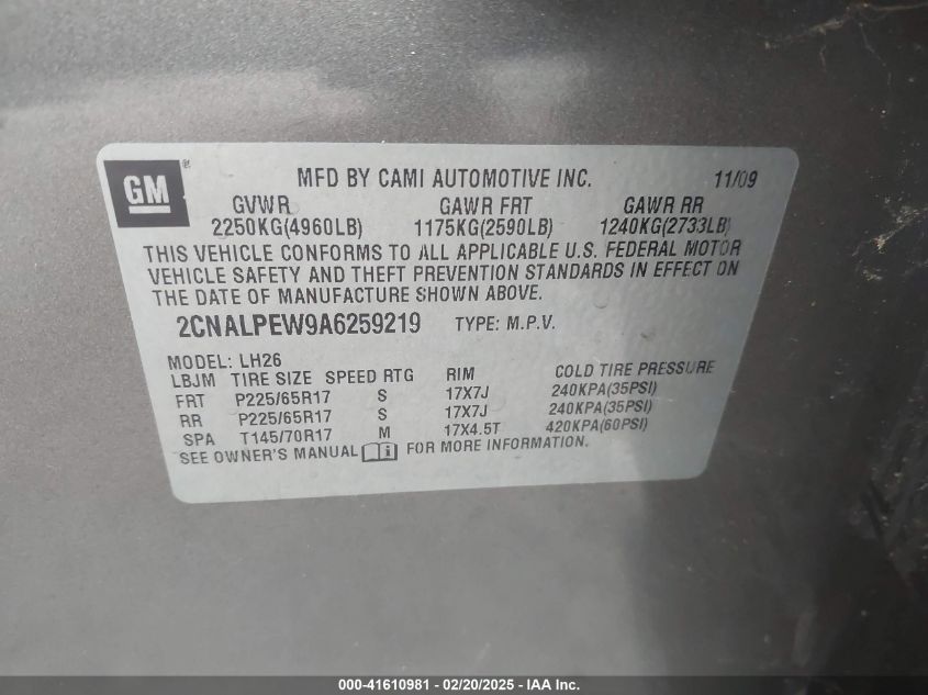 2010 Chevrolet Equinox Lt VIN: 2CNALPEW9A6259219 Lot: 41610981