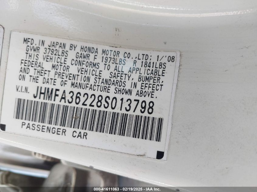 2008 Honda Civic Hybrid VIN: JHMFA36228S013798 Lot: 42914019