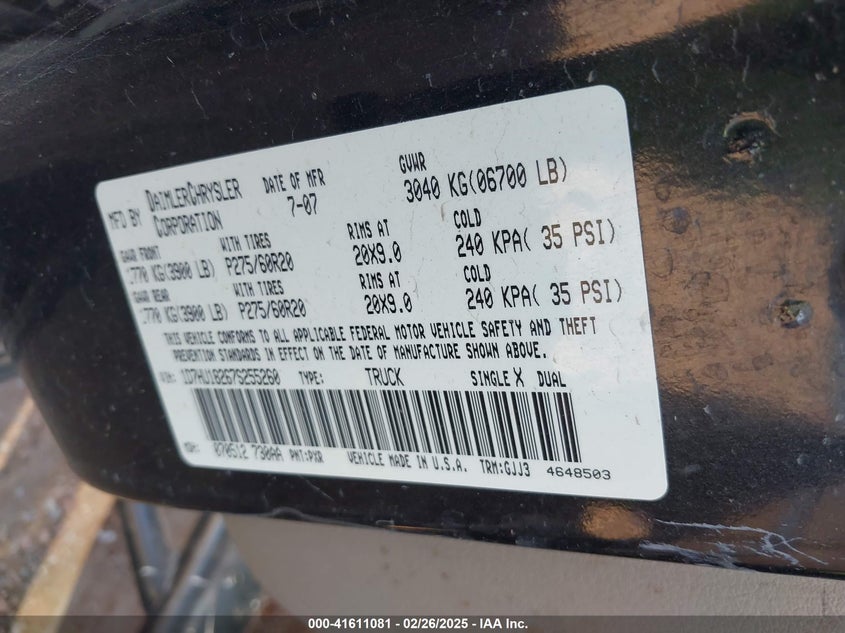 2007 DODGE RAM 1500 VIN: 1D7HU18267S255260
