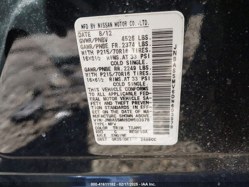 2013 Nissan Rogue S VIN: JN8AS5MV6DW603978 Lot: 41611182