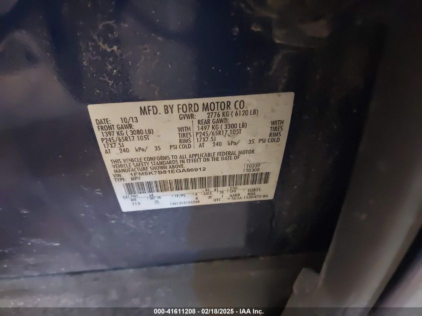 2014 Ford Explorer VIN: 1FM5K7B81EGA86912 Lot: 41611208