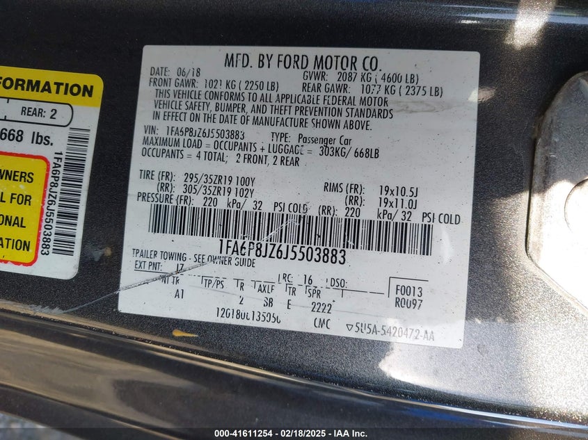 2018 FORD SHELBY GT350 VIN: 1FA6P8JZ6J5503883