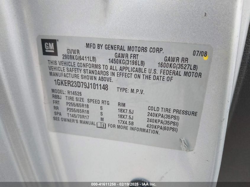2009 GMC Acadia Slt-1 VIN: 1GKER23D79J101148 Lot: 41611258