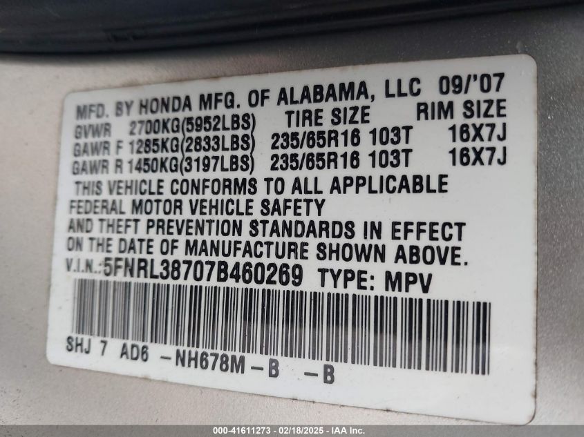 2007 Honda Odyssey Ex-L VIN: 5FNRL38707B460269 Lot: 41611273