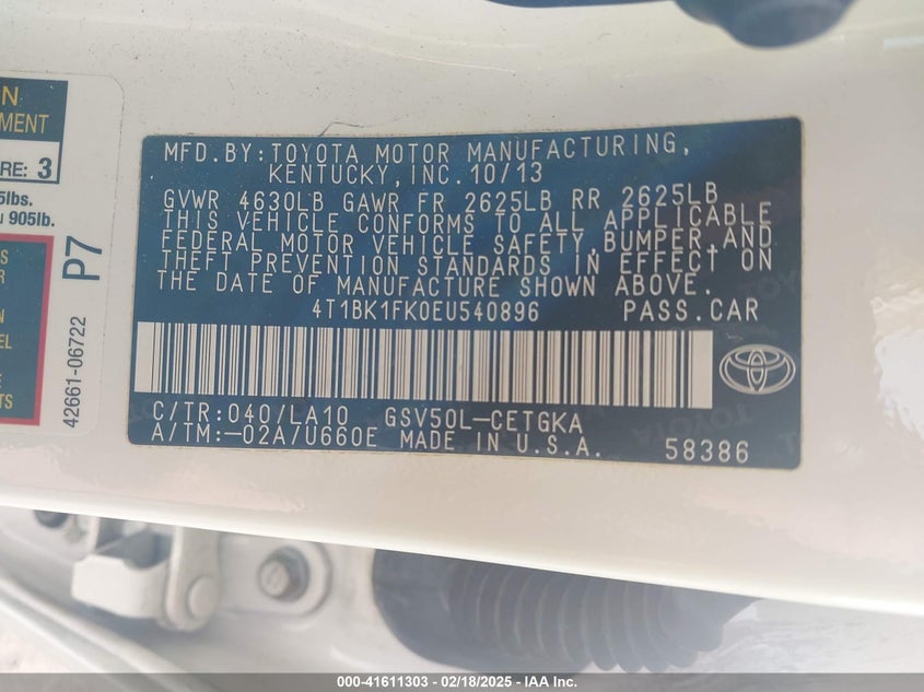 2014 TOYOTA CAMRY VIN: 4T1BK1FK0EU540896