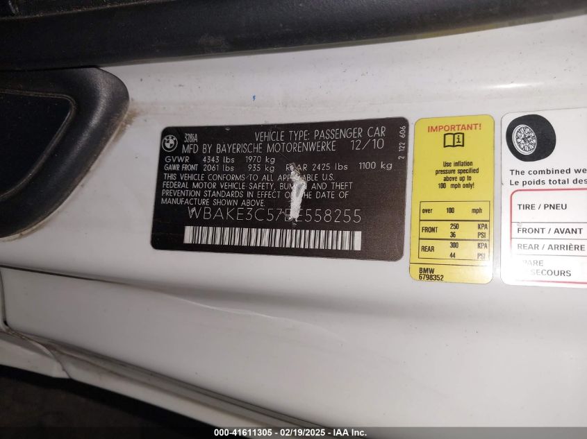 2011 BMW 328I VIN: WBAKE3C57BE558255 Lot: 41611305